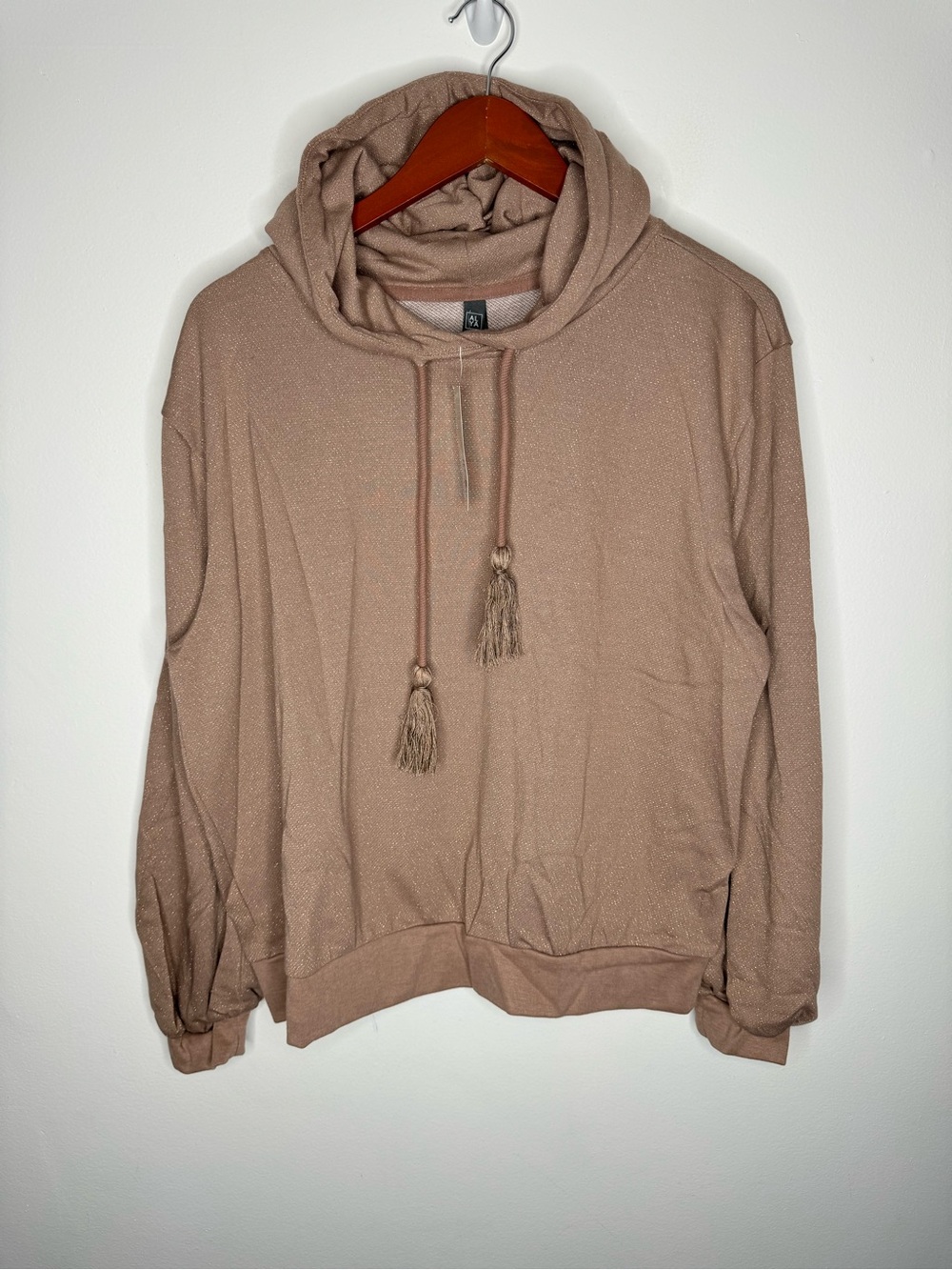 NWT Francesca's ALYA Sparkle Hoodie 2X Taupe Lurex Pullover Tassel Drawstring